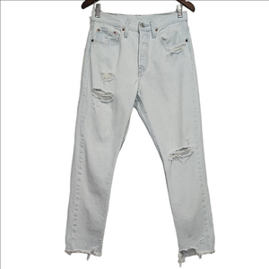 LEVI'S PREMIUM Original 501 light wash high waist distressed raw hem jeans